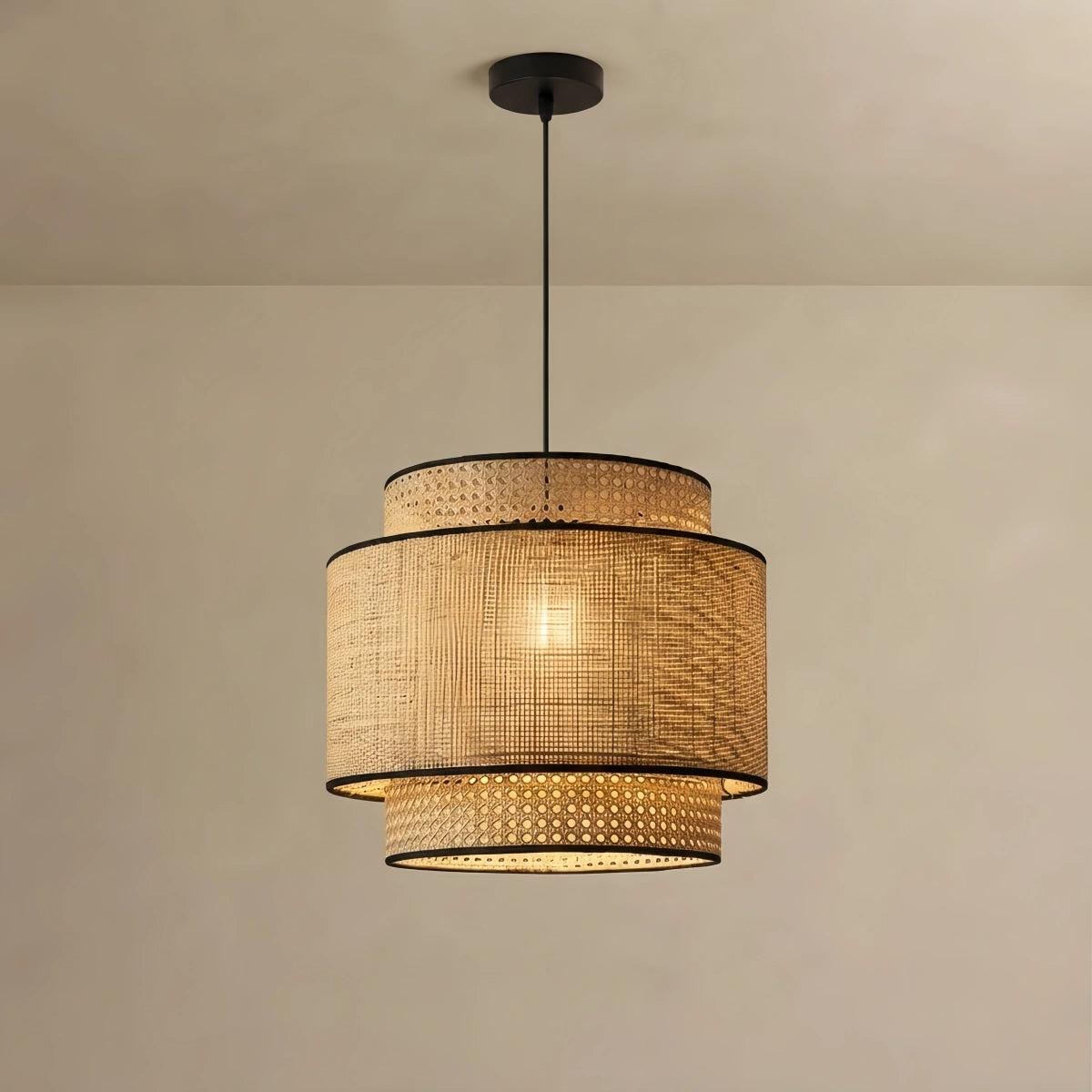 Bamburo Farmhouse Pendant Light — Tri-Layer Rattan & Metal Cylinder for Dining Room