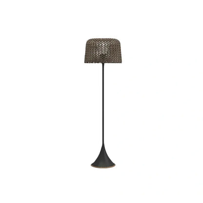 Bamburo Vintage Rattan Solar Outdoor Floor Lamp – Black Metal Hooded Terrace