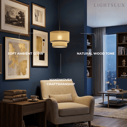 Rattan Pendant Light - Double-Layer Wood Lantern 