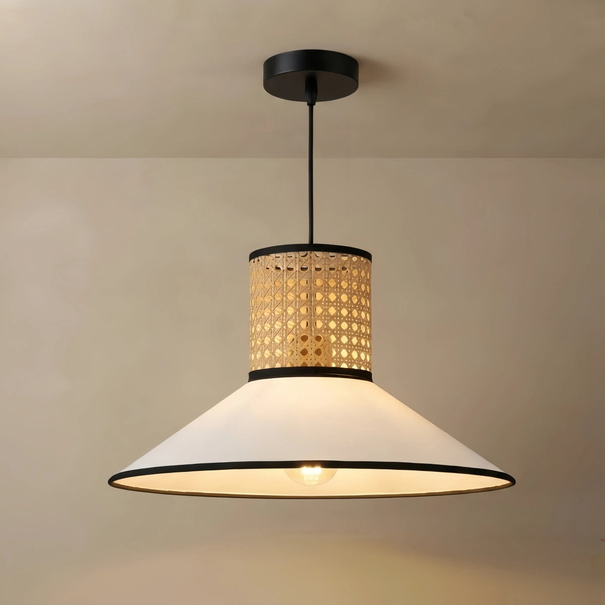 Bamburo Farmhouse Hooded Pendant Light — Fabric & Rattan for Dining Room
