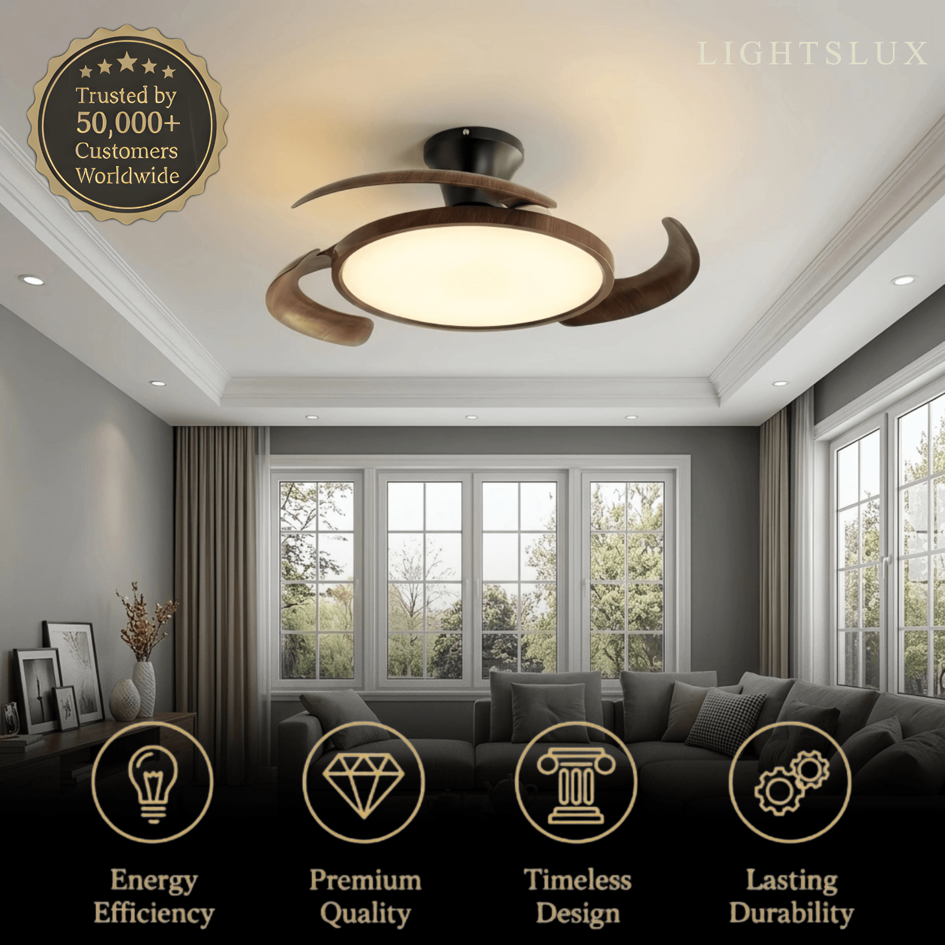 Modern Ceiling Fan Light -- Walnut Wood & Black PVC with LED for Bedroom