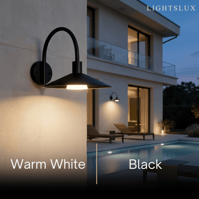 Solara Minimalist Arched Arm Wall Sconce — Stainless Steel Black for Courtyard