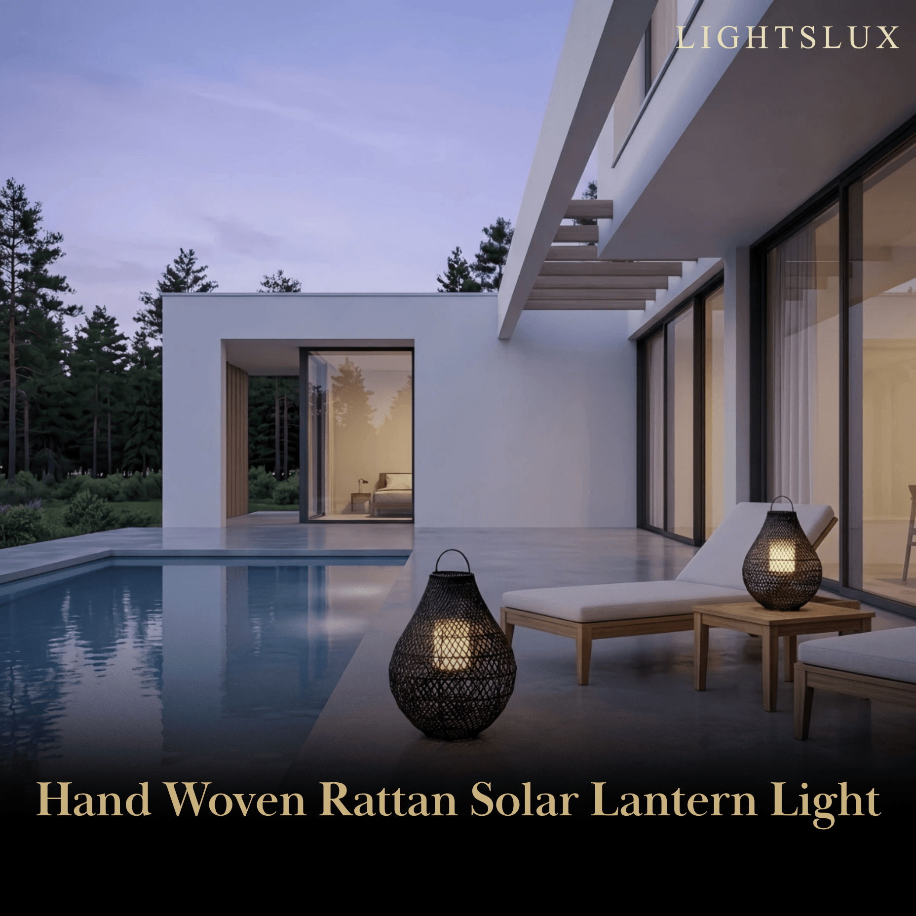 Solara Natural Handwoven Rattan Solar Lantern Floor Lamp -- Black for Garden