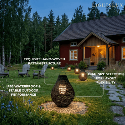 Solara Natural Handwoven Rattan Solar Lantern Floor Lamp -- Black for Lawn