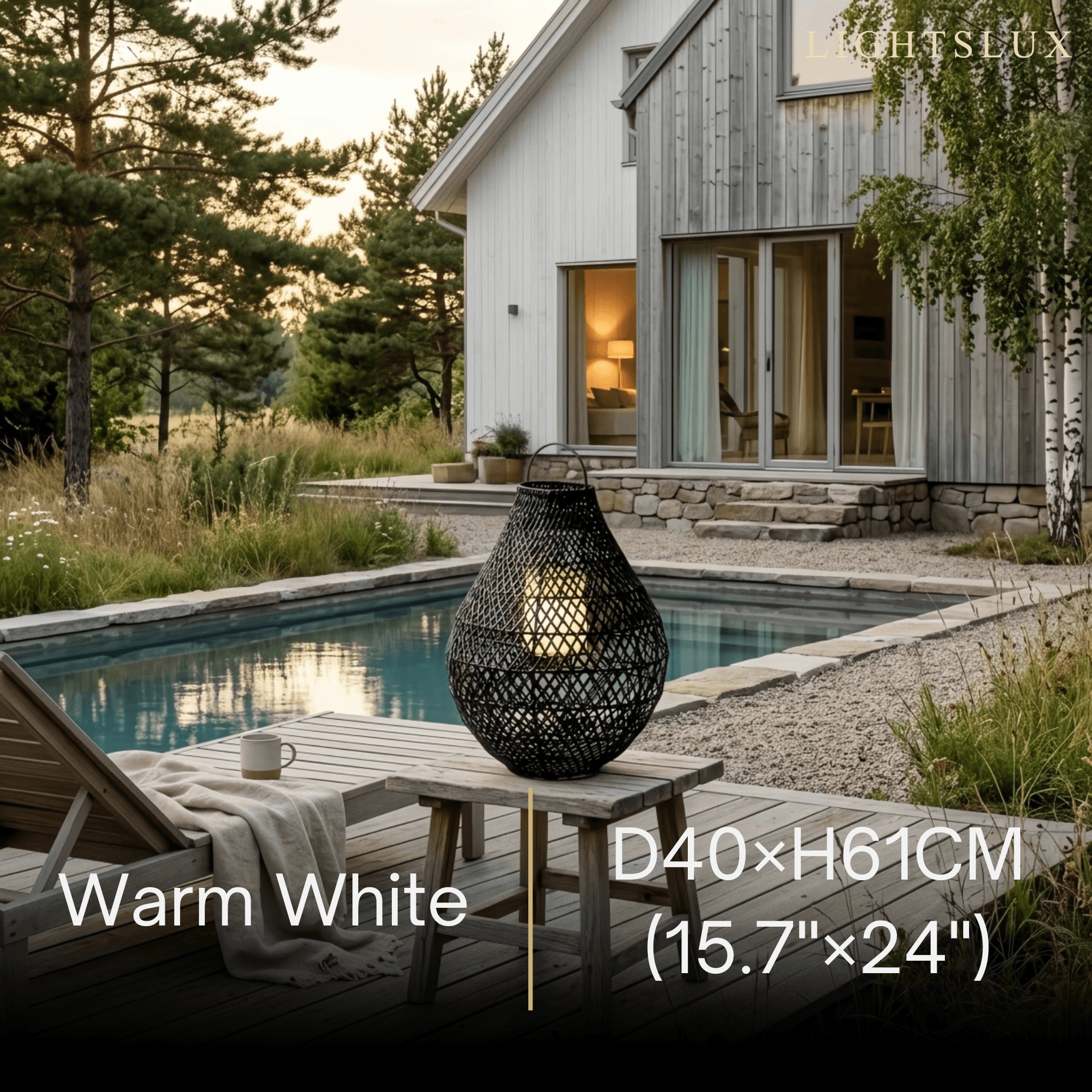 Solara Natural Handwoven Rattan Solar Lantern Floor Lamp -- Black for Garden