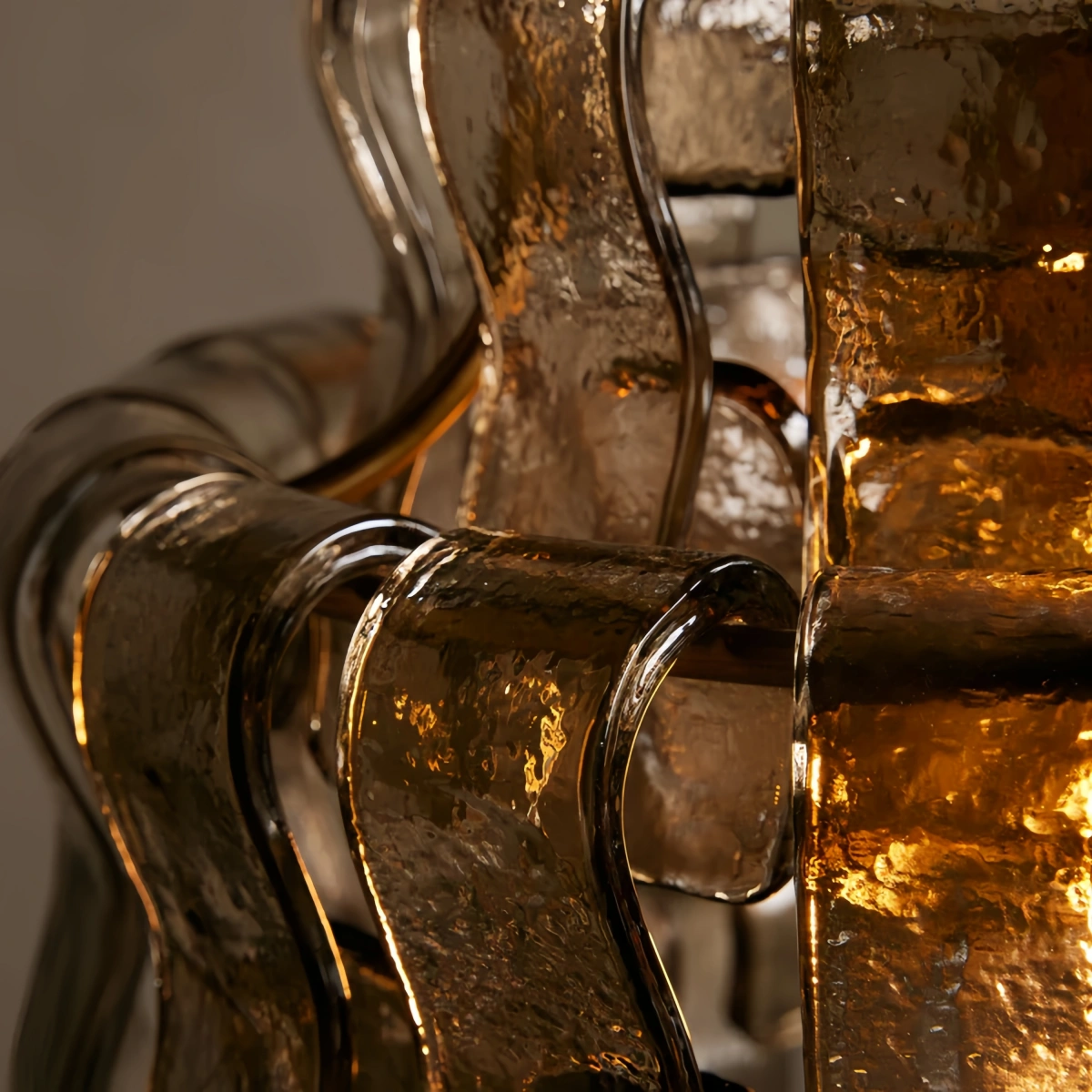 Art Deco Pendant Light -- Curved Textured Glass & Electroplated Brass
