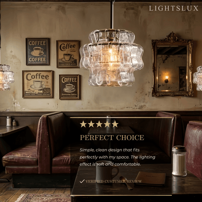 Art Deco Pendant Light -- Curved Textured Glass & Electroplated Brass