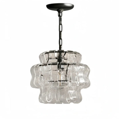 Art Deco Pendant Light -- Curved Textured Glass & Electroplated Brass