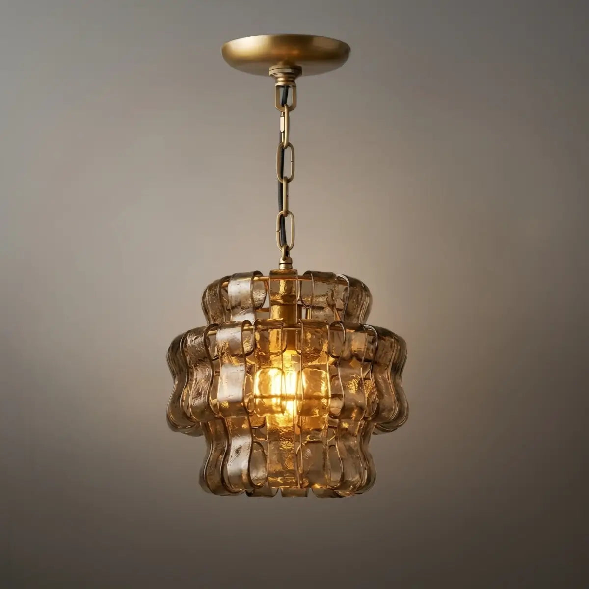 Art Deco Pendant Light -- Curved Textured Glass & Electroplated Brass
