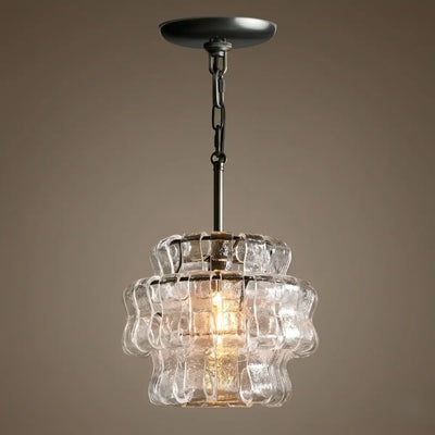 Art Deco Pendant Light -- Curved Textured Glass & Electroplated Brass