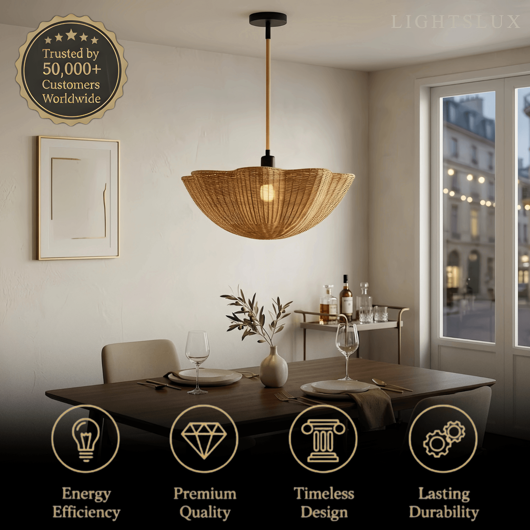 Modern Pendant Light - Scalloped Woven Rattan & Iron for Dining Room