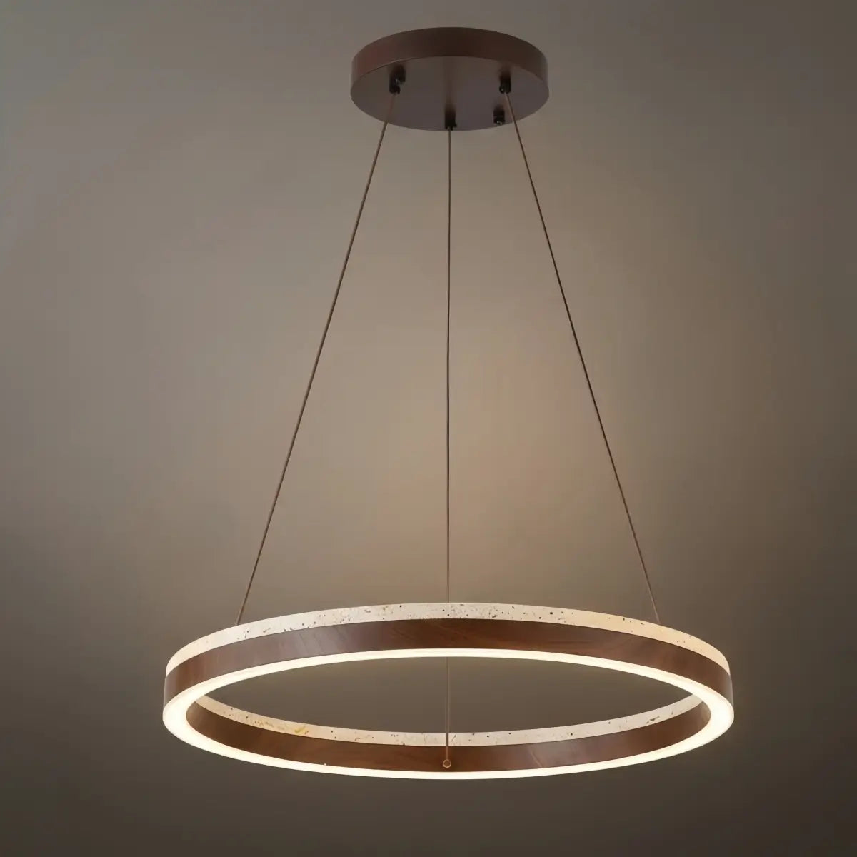 Minimalist Ring Chandelier – Travertine & Wood Walnut Beige