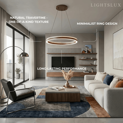 Minimalist Ring Chandelier – Travertine & Wood Walnut Beige