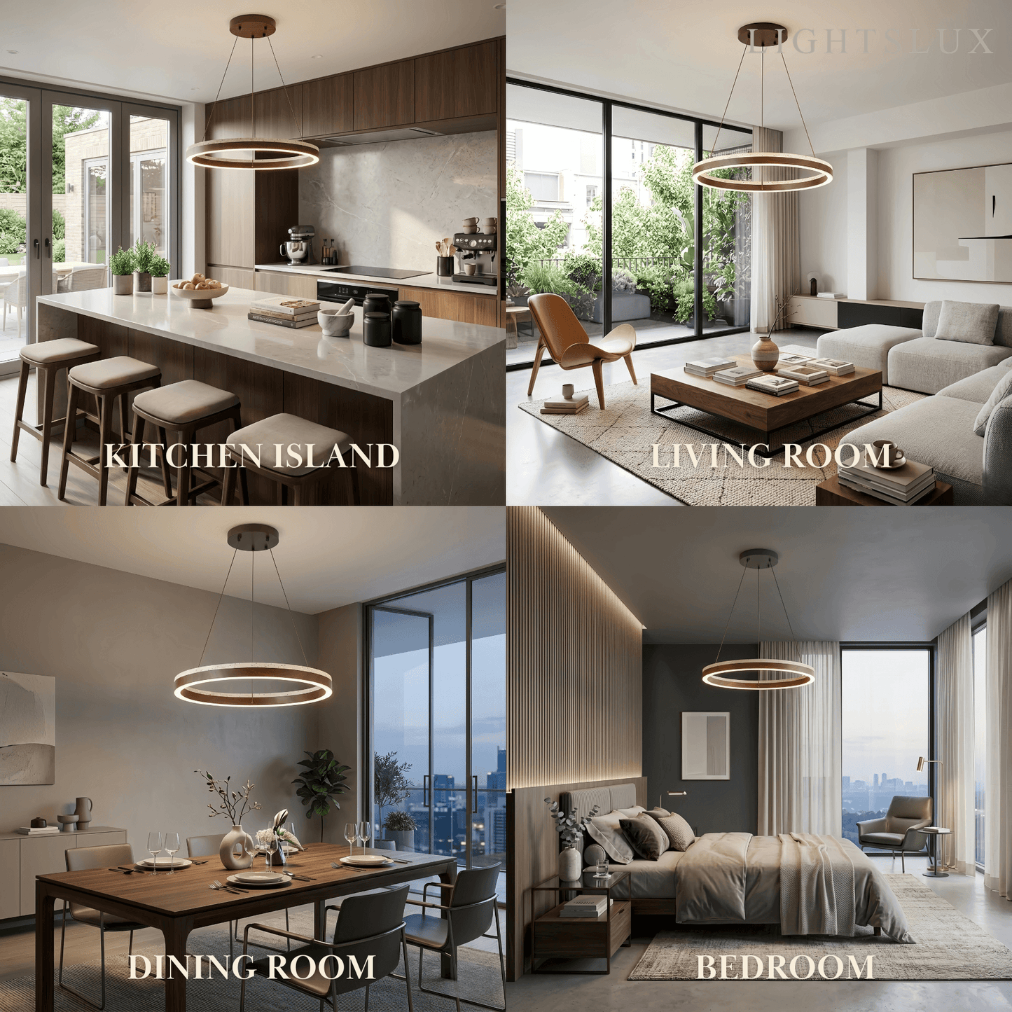 Minimalist Ring Chandelier – Travertine & Wood Walnut Beige