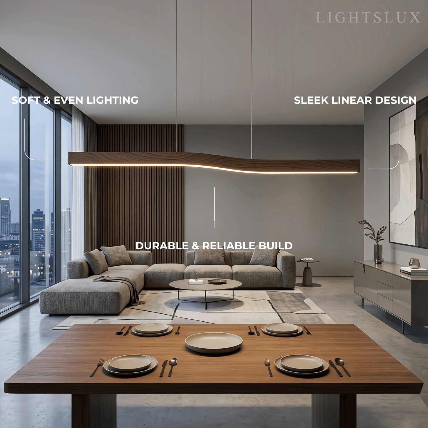 Modern Linear Pendant Light — Metal & Acrylic with Black & Dark Wood