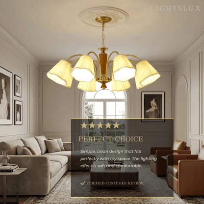 Modern Ceiling Lingt — Metal, Fabric & Walnut Wood with Gold & Walnut