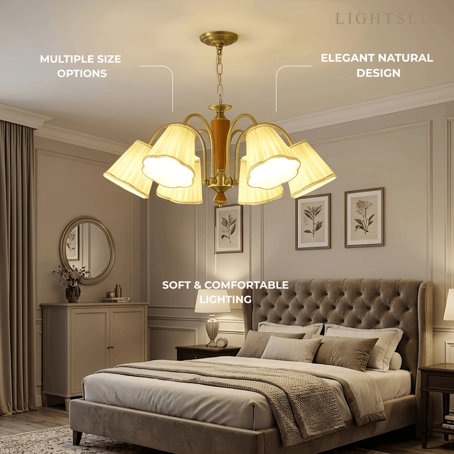 Modern Ceiling Lingt — Metal, Fabric & Walnut Wood with Gold & Walnut