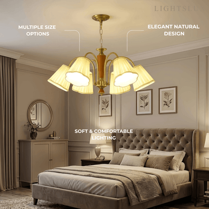 Modern Ceiling Lingt — Metal, Fabric & Walnut Wood with Gold & Walnut