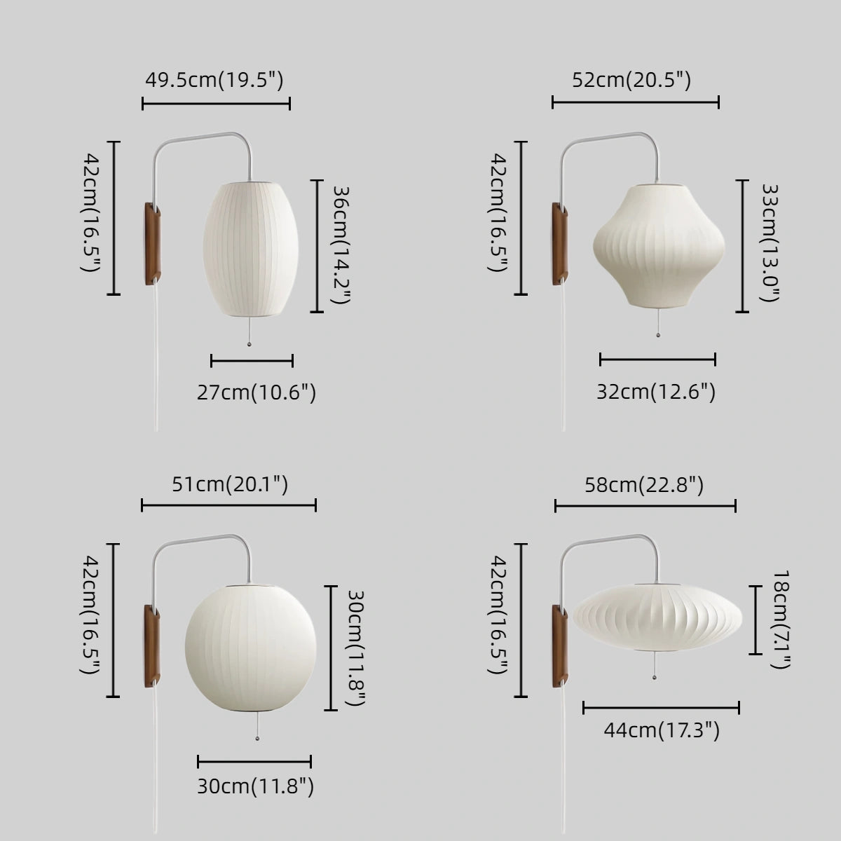 Velora Modern Plug-In Wall Lamp -- Polymer Steel Walnut Metal Chrome & Walnut with White Shade Size