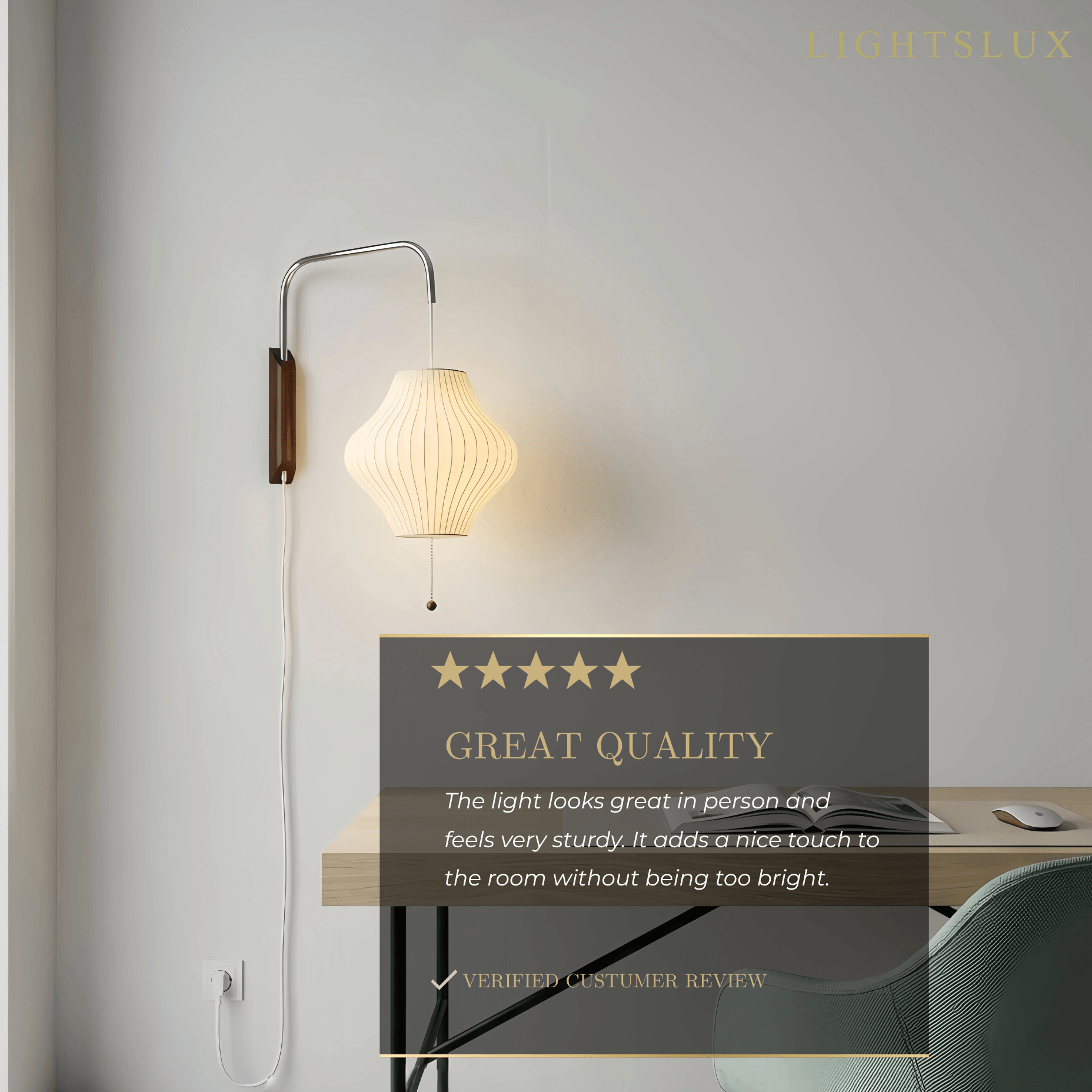 Modern Plug-In Wall Lamp -- Polymer Steel Walnut Metal Chrome & Walnut with White Shade
