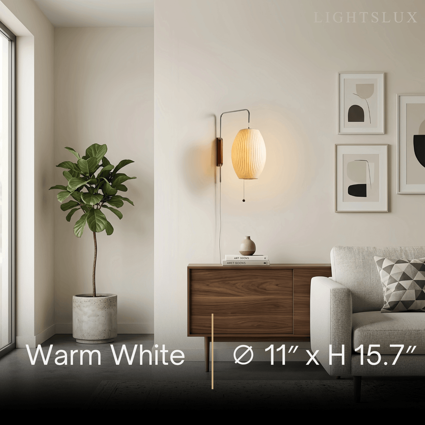 Modern Plug-In Wall Lamp -- Polymer Steel Walnut Metal Chrome & Walnut with White Shade