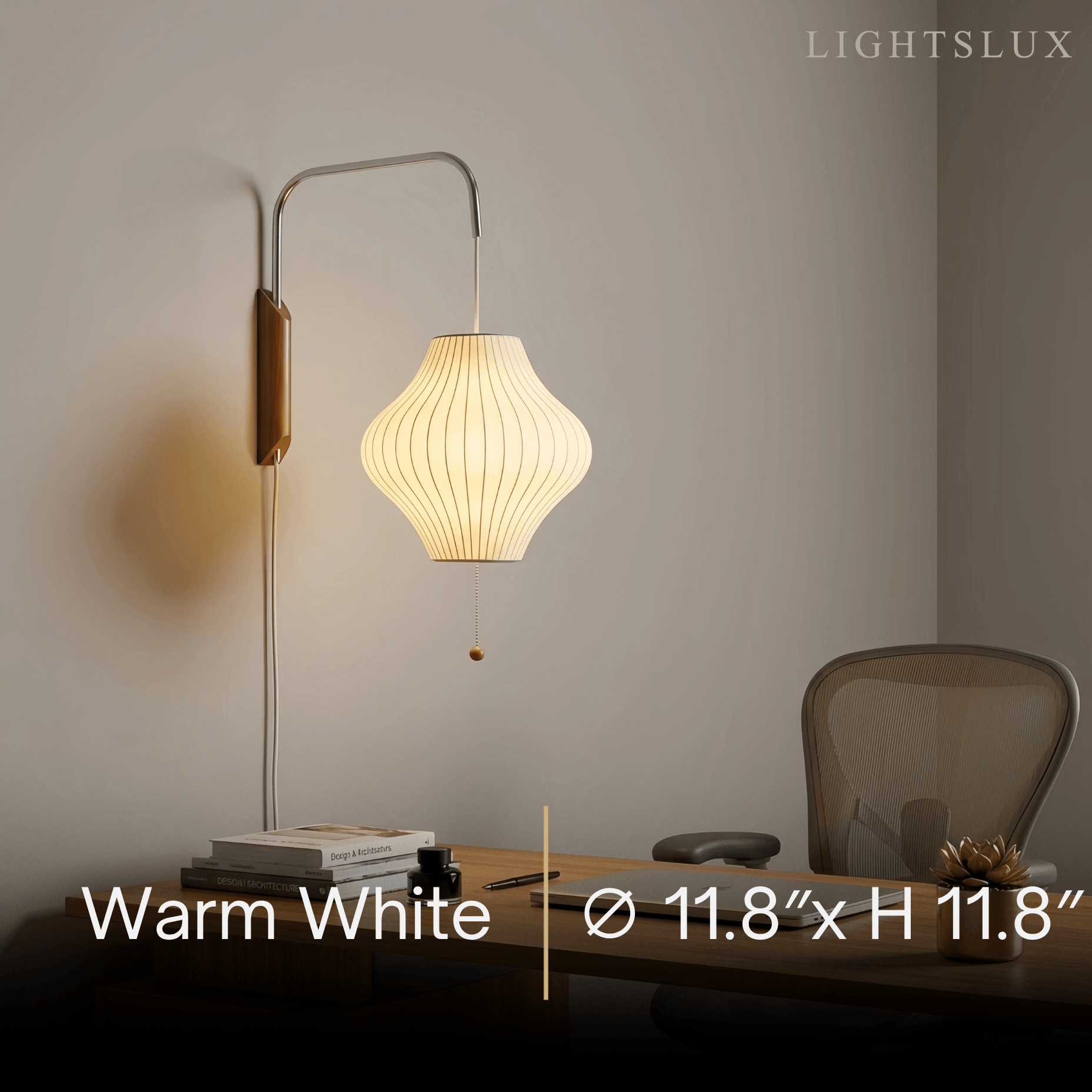 Modern Plug-In Wall Lamp -- Polymer Steel Walnut Metal Chrome & Walnut with White Shade
