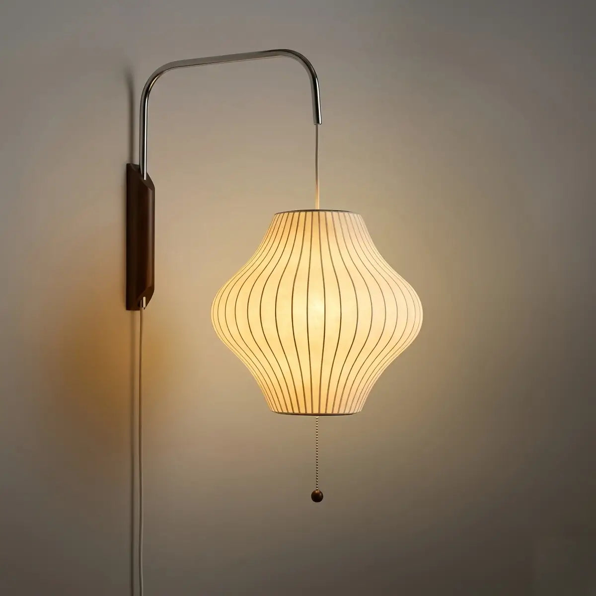 Modern Plug-In Wall Lamp -- Polymer Steel Walnut Metal Chrome & Walnut with White Shade