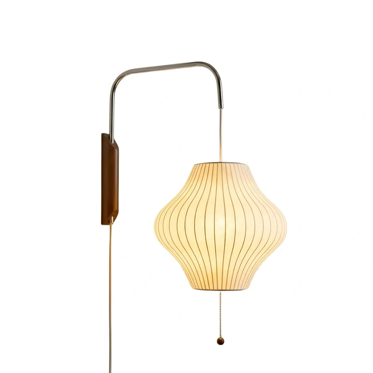 Modern Plug-In Wall Lamp -- Polymer Steel Walnut Metal Chrome & Walnut with White Shade