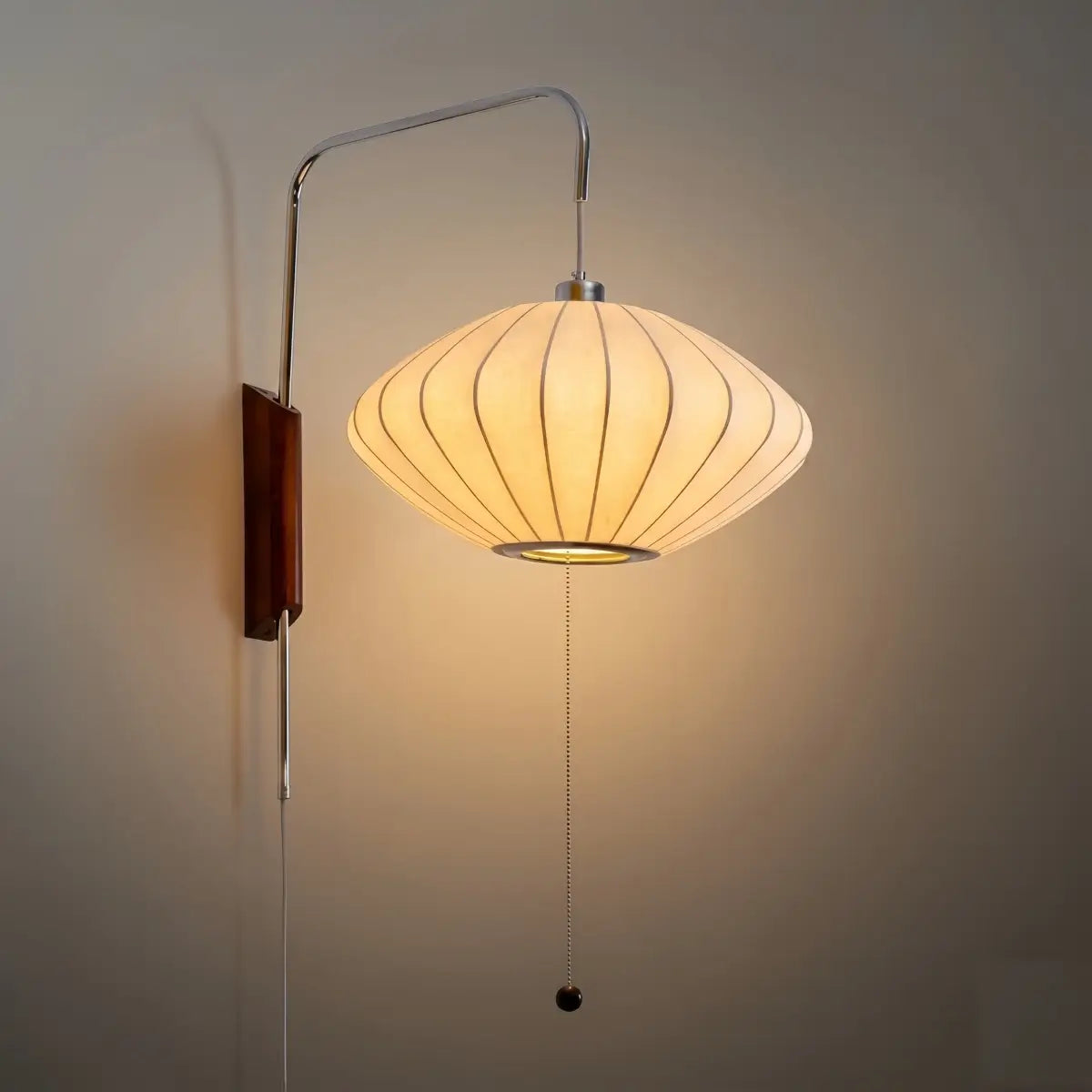 Modern Plug-In Wall Lamp -- Polymer Steel Walnut Metal Chrome & Walnut with White Shade
