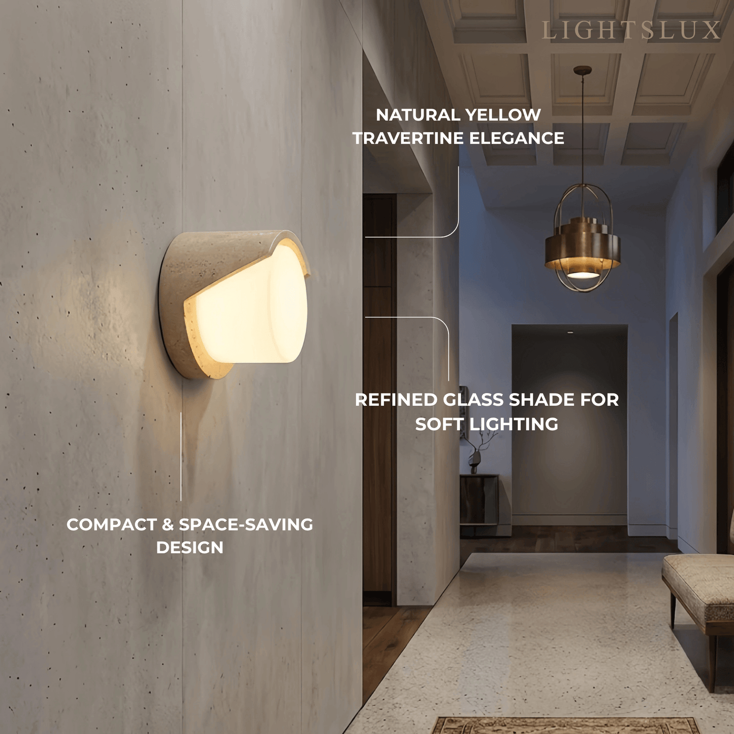 Modern Wall Lamp — Yellow Travertine & Glass White