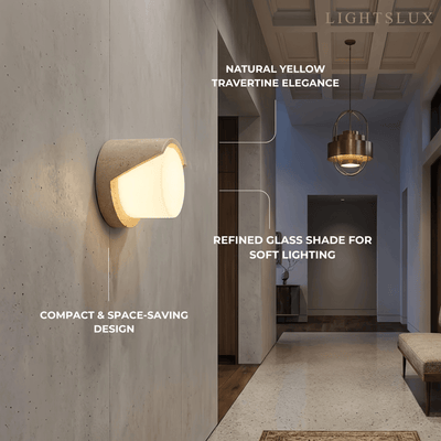 Modern Wall Lamp — Yellow Travertine & Glass White