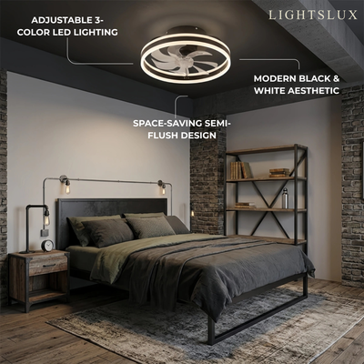 Vivara Modern Semi-Flush Ceiling Fan with Light -- Silent Black & White Iron ABS for Bedroom