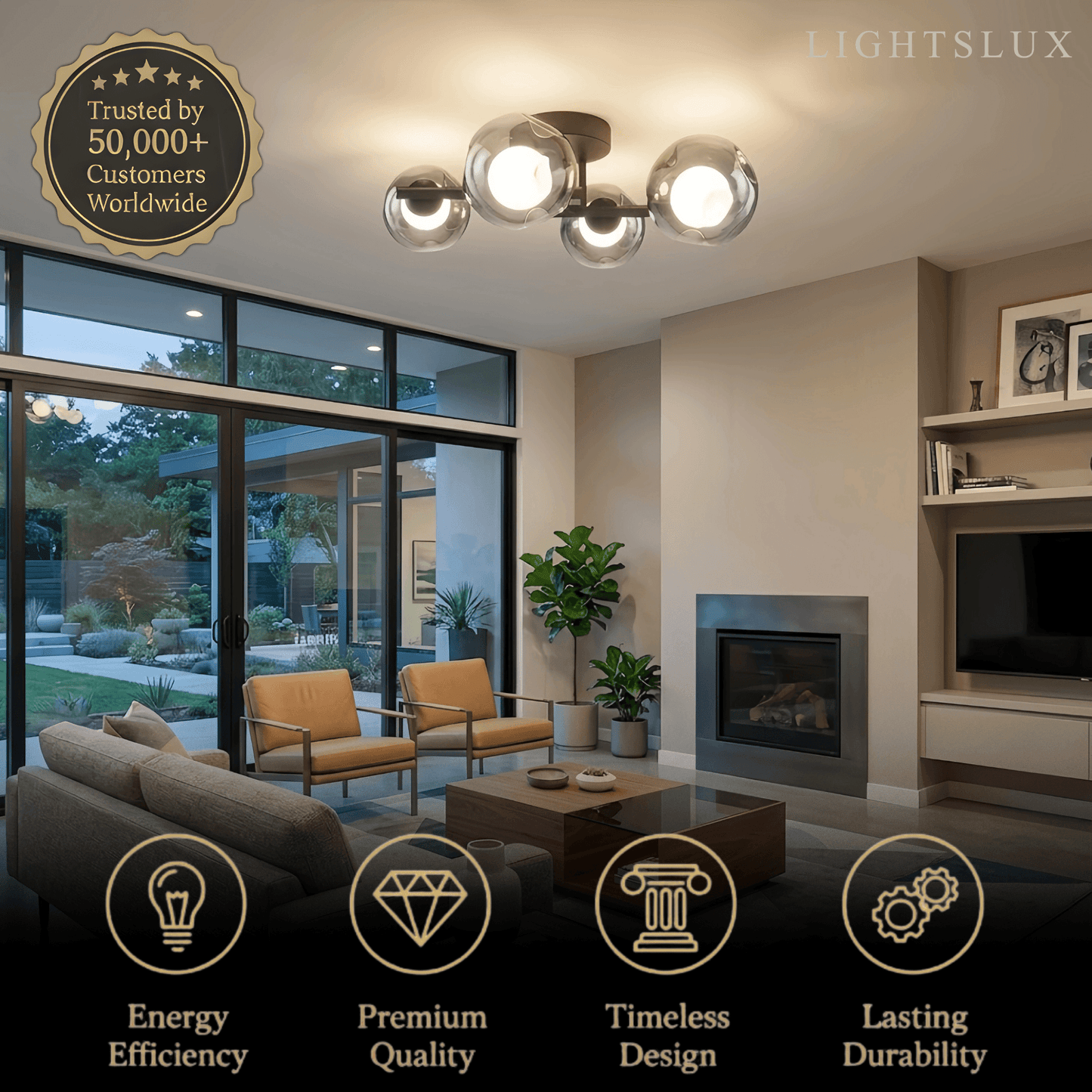 Modern Semi-Flush Mount Ceiling Light — Steel & Glass Smoke Greyc4