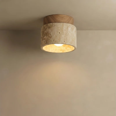 Strata Minimalist Flush Mount Ceiling Light — Travertine & Wood