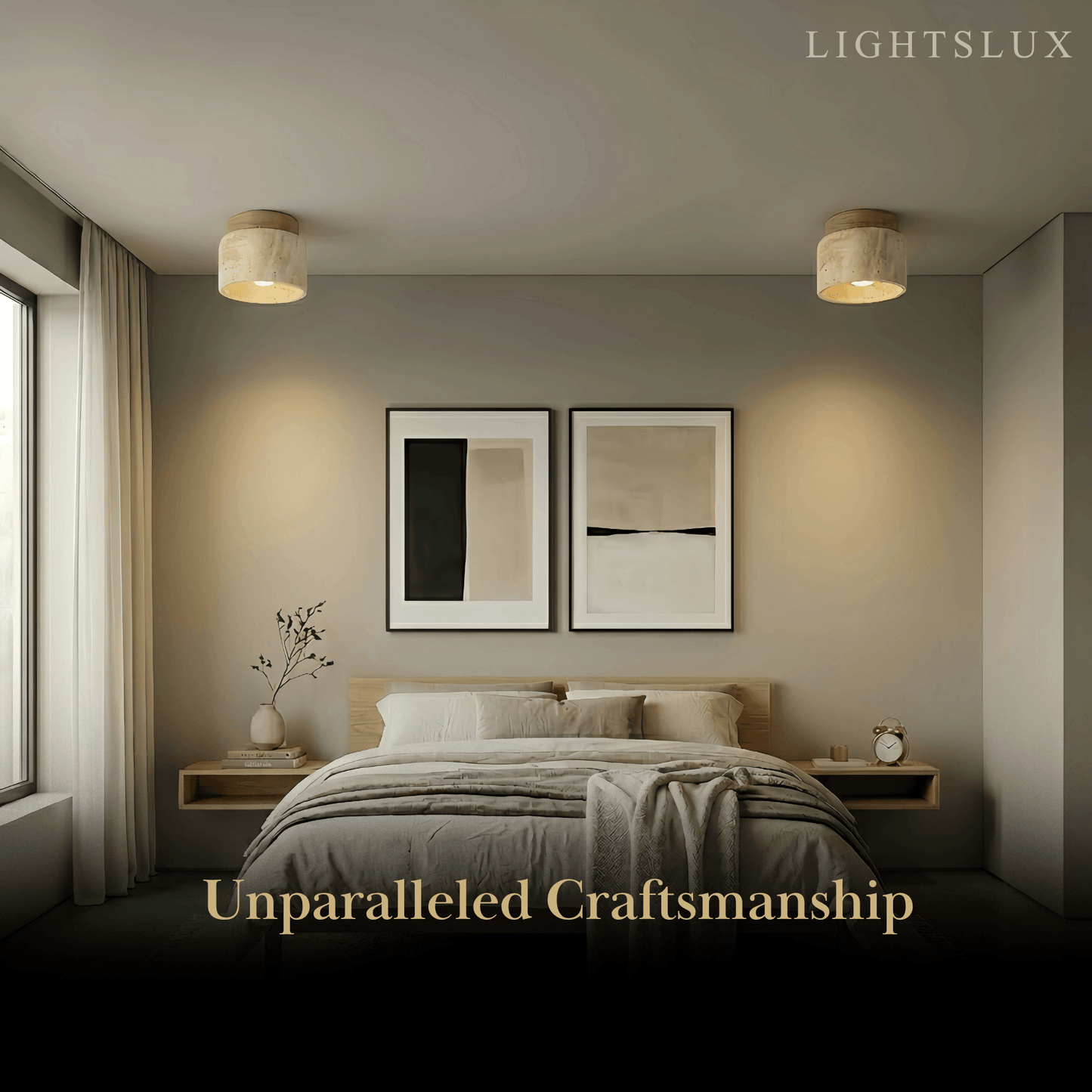 Minimalist Flush Mount Ceiling Light — Stone & Wood Yellow Log Color