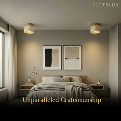 Minimalist Flush Mount Ceiling Light — Stone & Wood Yellow Log Color