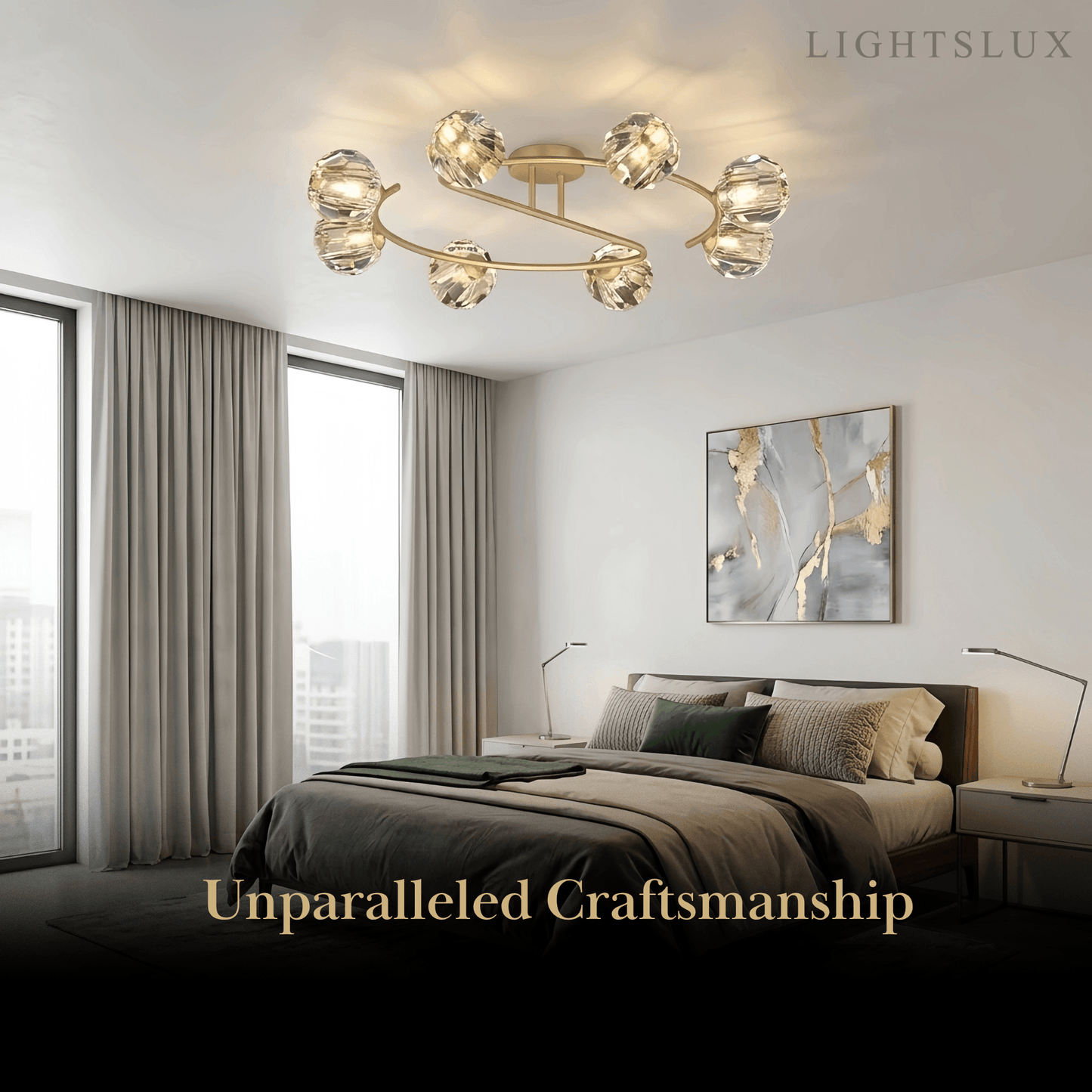Modern Luxury Semi-Flush Mount Ceiling Light — Brass & Crystal Gold