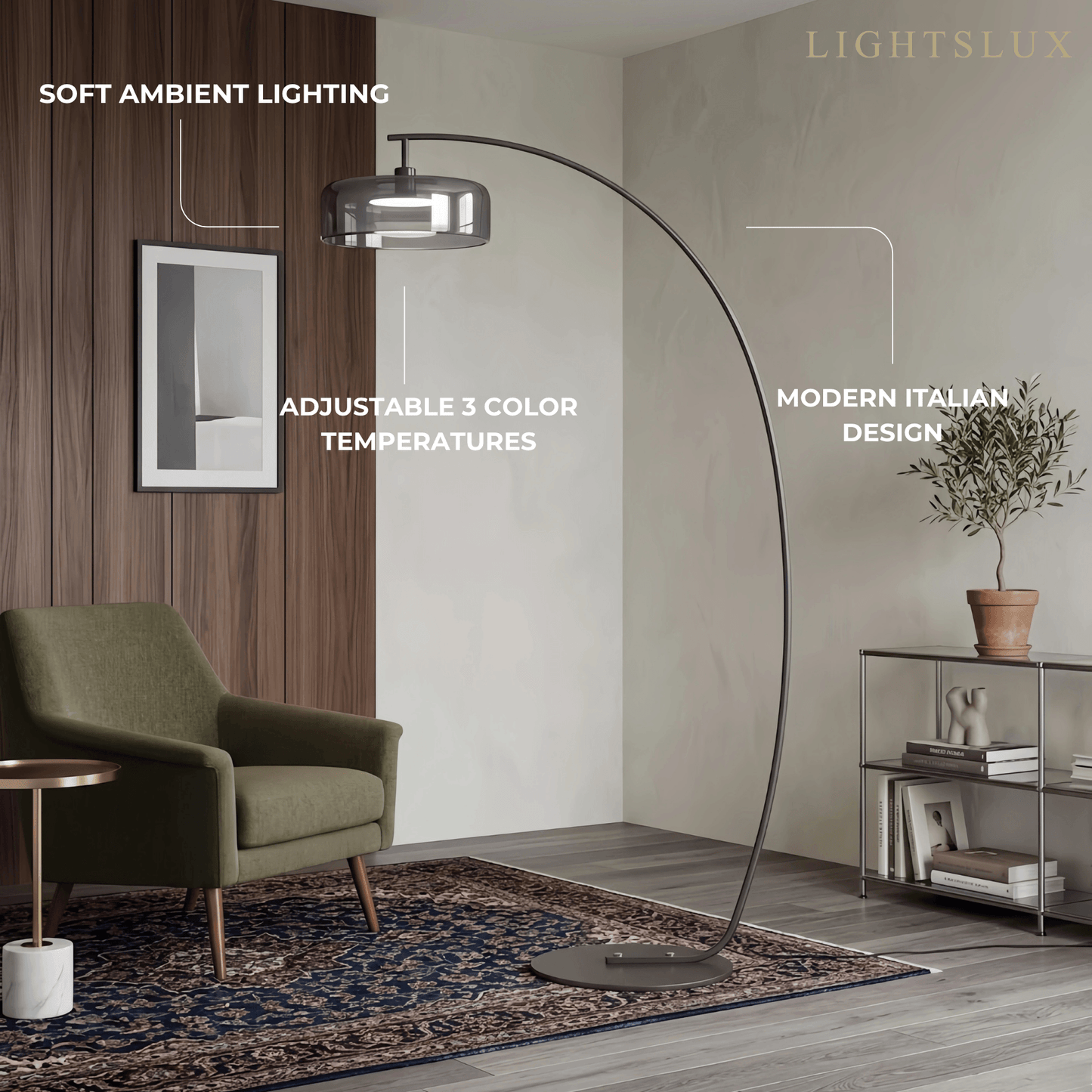 Modern Floor Lamp -- Iron & Glass Amber or Smoky Grey