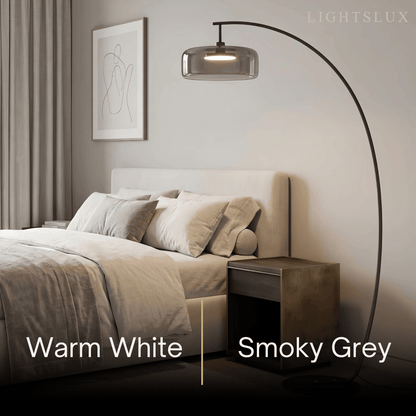 Modern Floor Lamp -- Iron & Glass Amber or Smoky Grey