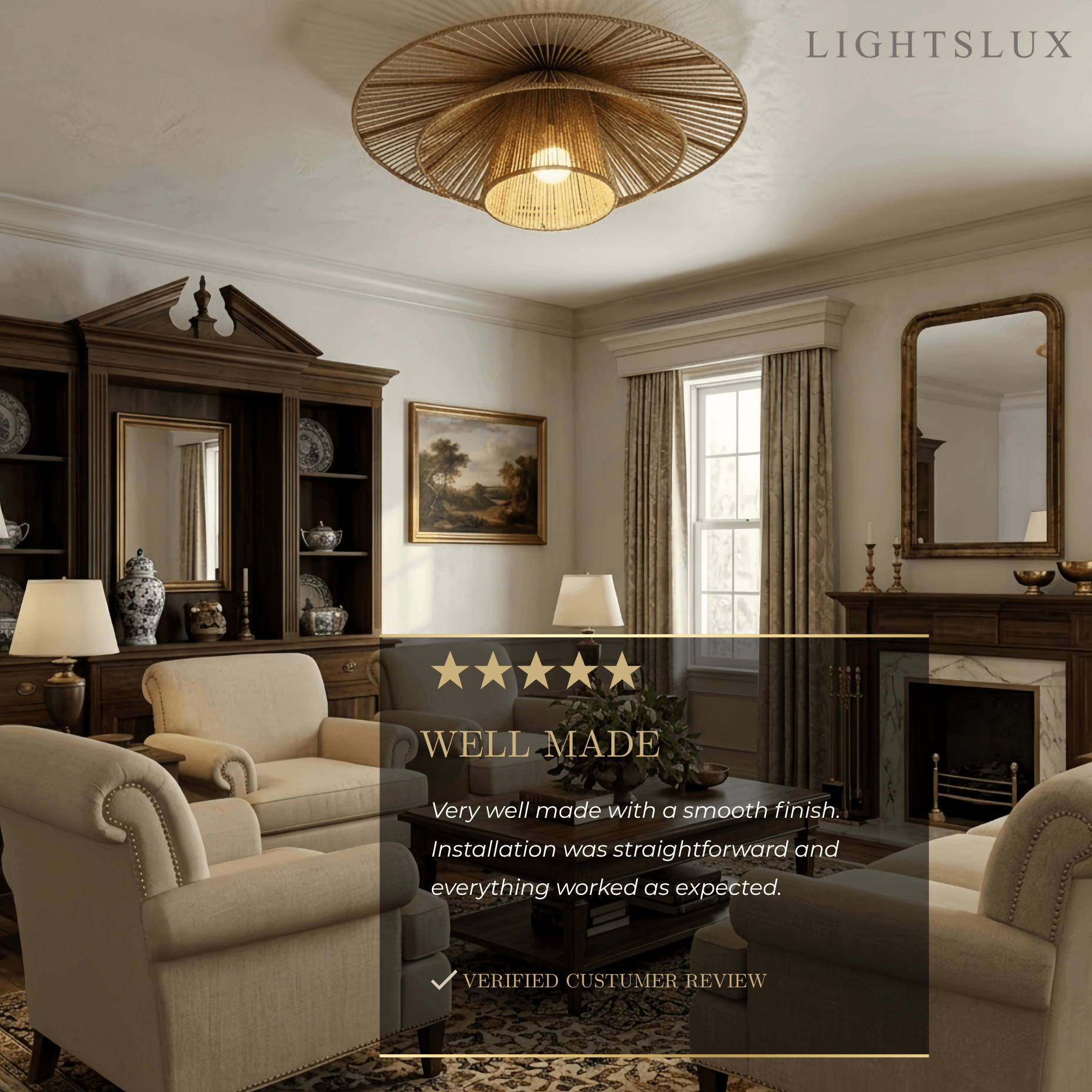 Natural Hemp Rope Flush Mount Ceiling Light -- Woven Linen Color