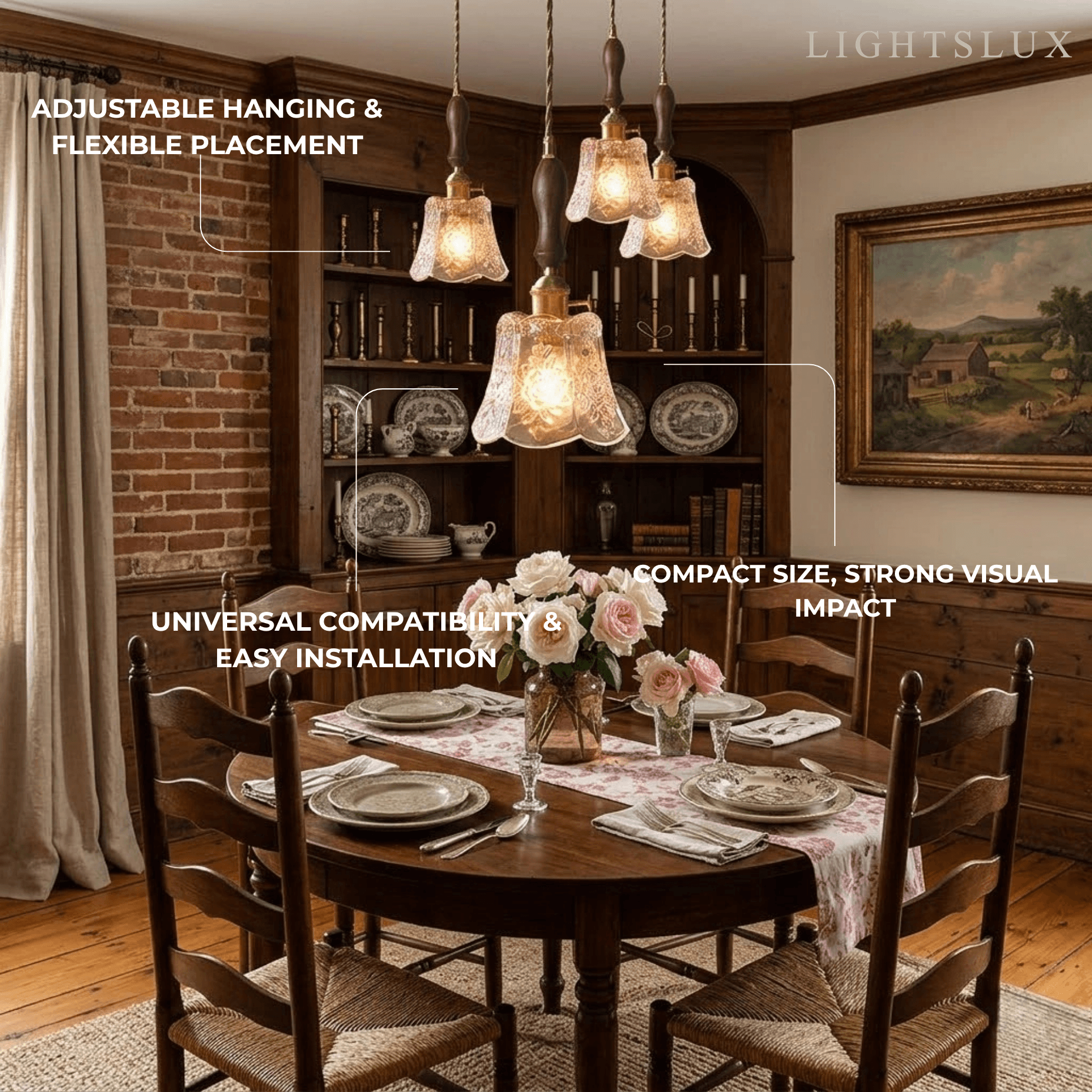 Classic Brass Glass Pendant Light -- Walnut Wood Accent