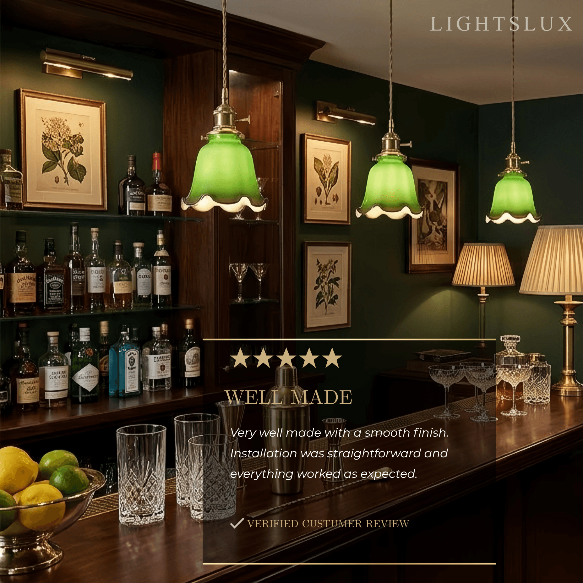 Vintage Green Glass Pendant Light -- Brass Accent