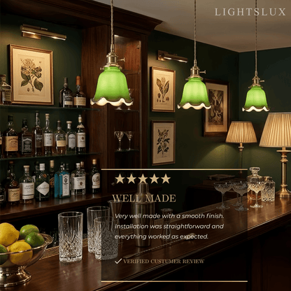 Vintage Green Glass Pendant Light -- Brass Accent