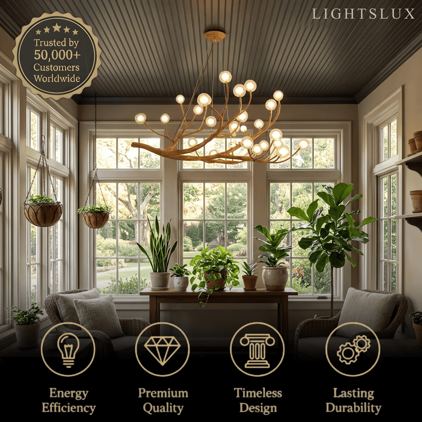 Natural Tree Branch Chandelier -- Wood-Look Resin & Glass