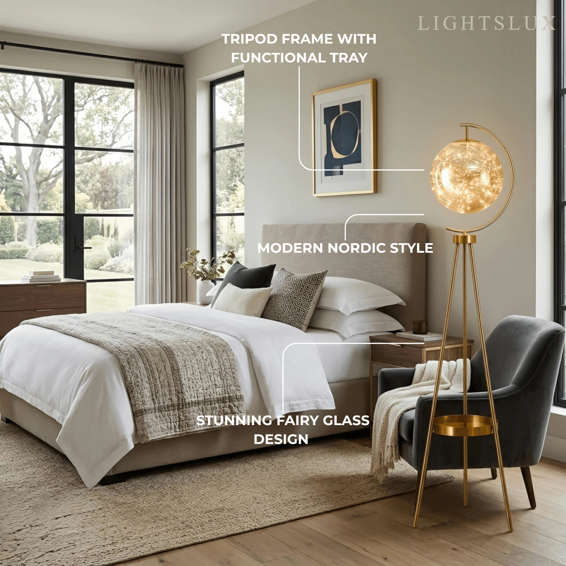 Modern Glass Ball Tripod Floor Lamp with Tray -- Gold or Black