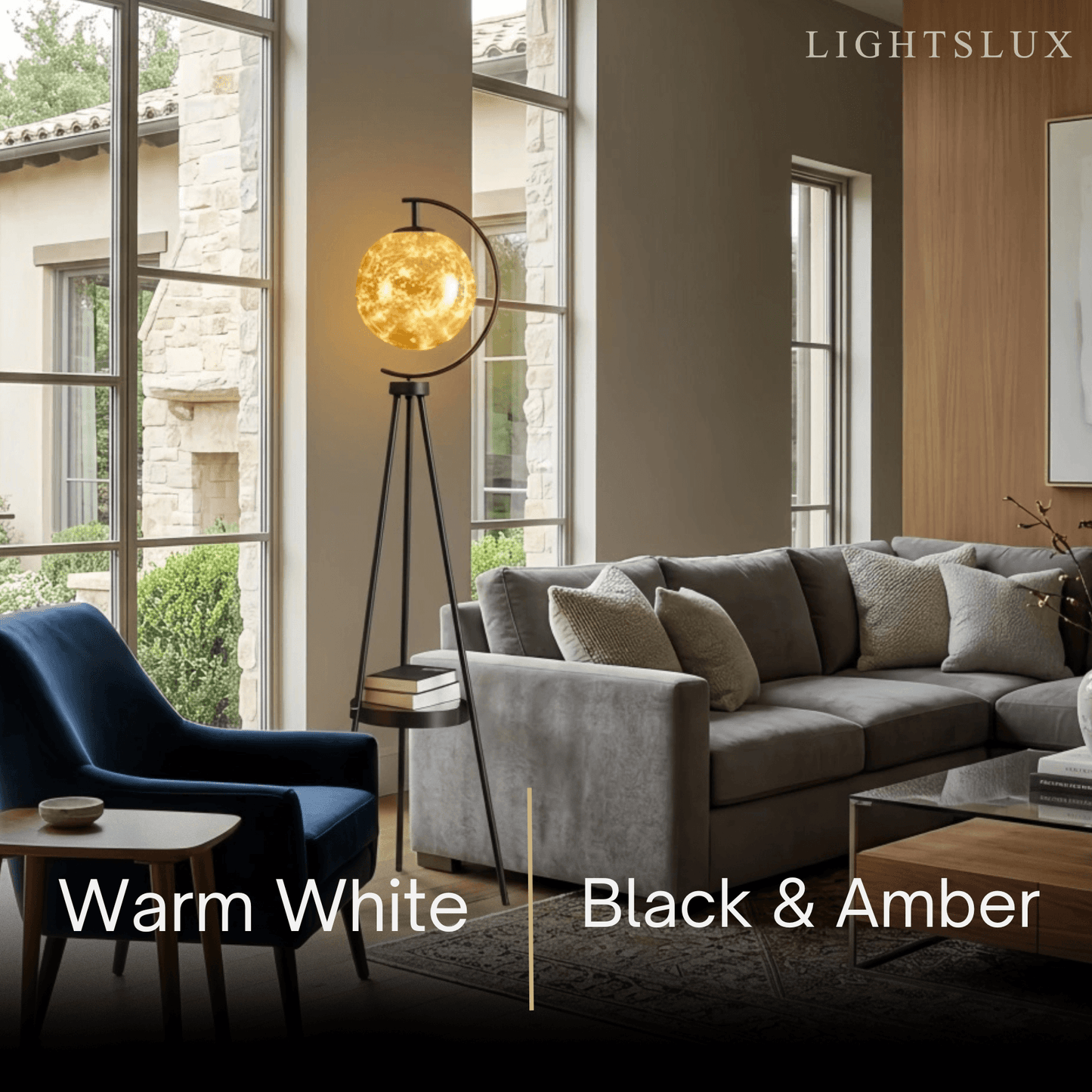 Modern Glass Ball Tripod Floor Lamp with Tray -- Gold or Black