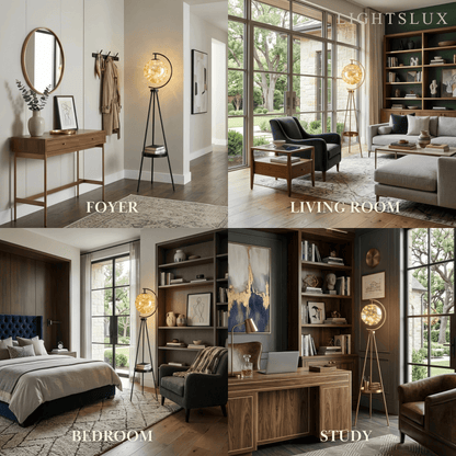 Modern Glass Ball Tripod Floor Lamp with Tray -- Gold or Black