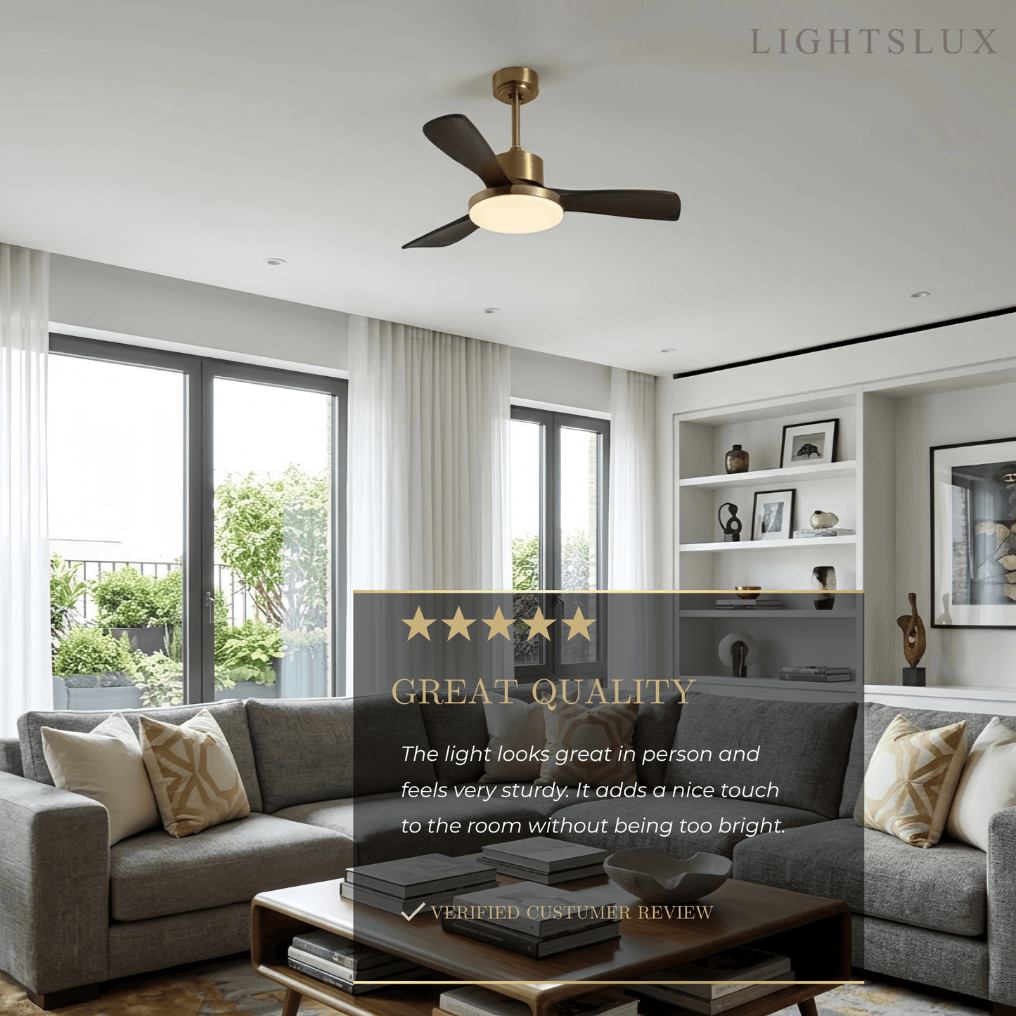 Modern Ceiling Fan Light with LED -- Walnut Wood & Gold