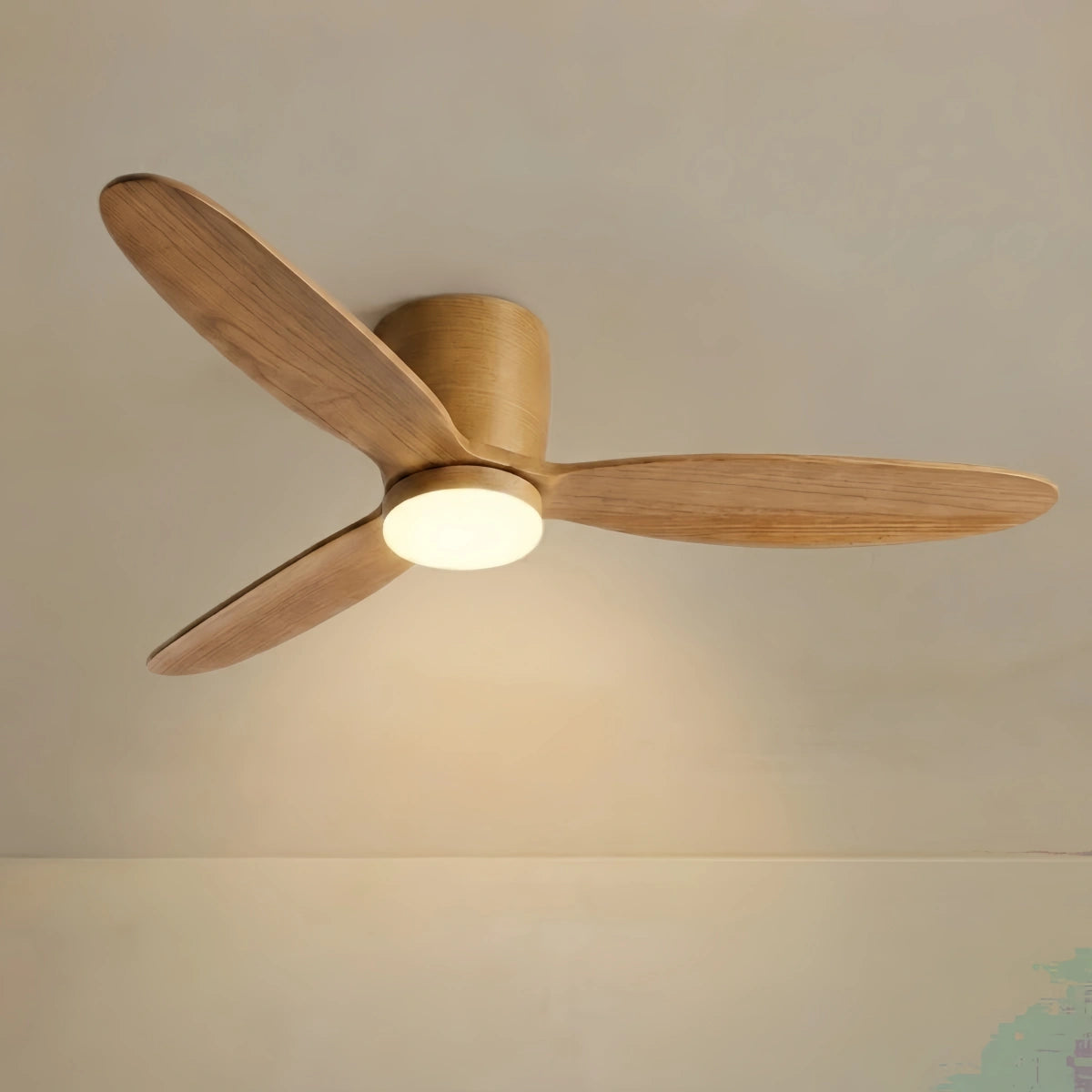 Vivara Minimalist Low Profile Ceiling Fan Light — Wood Finish with Integrated LED for Living Room