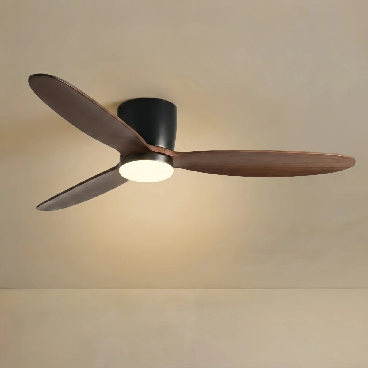 Vivara Minimalist Low Profile Ceiling Fan Light — Wood Finish with Integrated LED for Living Room